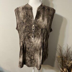 Westport 1962 Women Tunic Sleeveless Top Brown Textured Floral Pleated Front L